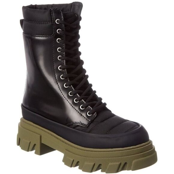 Ganni Quilted Nylon & Leather Combat Boot Size 35 US 5 Black Green $475 - Picture 11 of 12